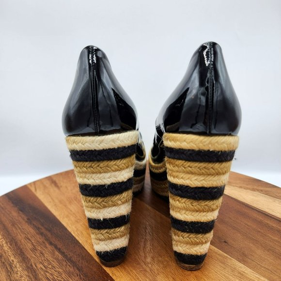 Brian Atwood Wedges Heels 40 Black Tan Cream Patent Leather Peep Toe Espadrilles - Picture 6 of 13